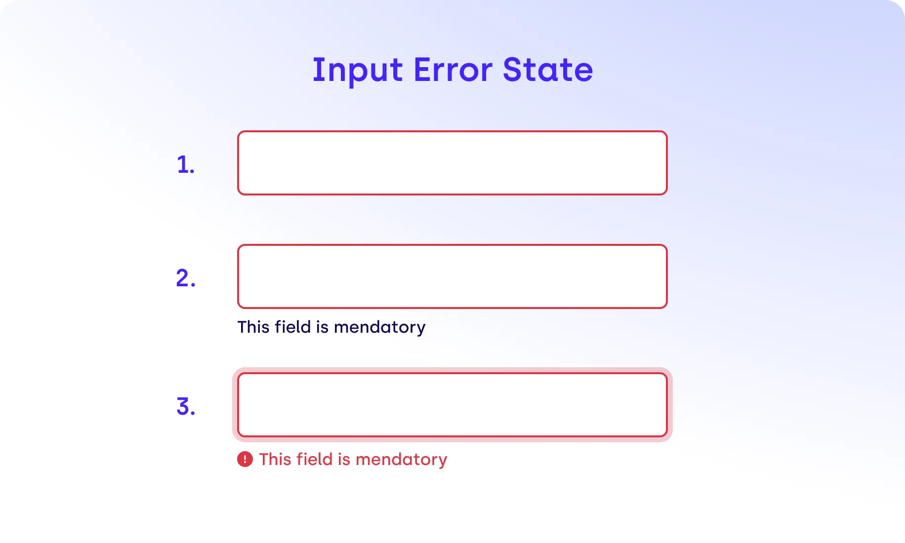 Accessibility graphic titled “Input Error State” showing three labeled input fields (1, 2, 3) with red borders indicating errors. Field 1 is empty with no message. Field 2 displays a message below in black text: “This field is mandatory.” Field 3 has a bolder red outline and a red icon with the message “This field is mandatory” in red. The background is a light blue gradient. The image demonstrates visual indicators of form validation and how error states can vary in clarity.