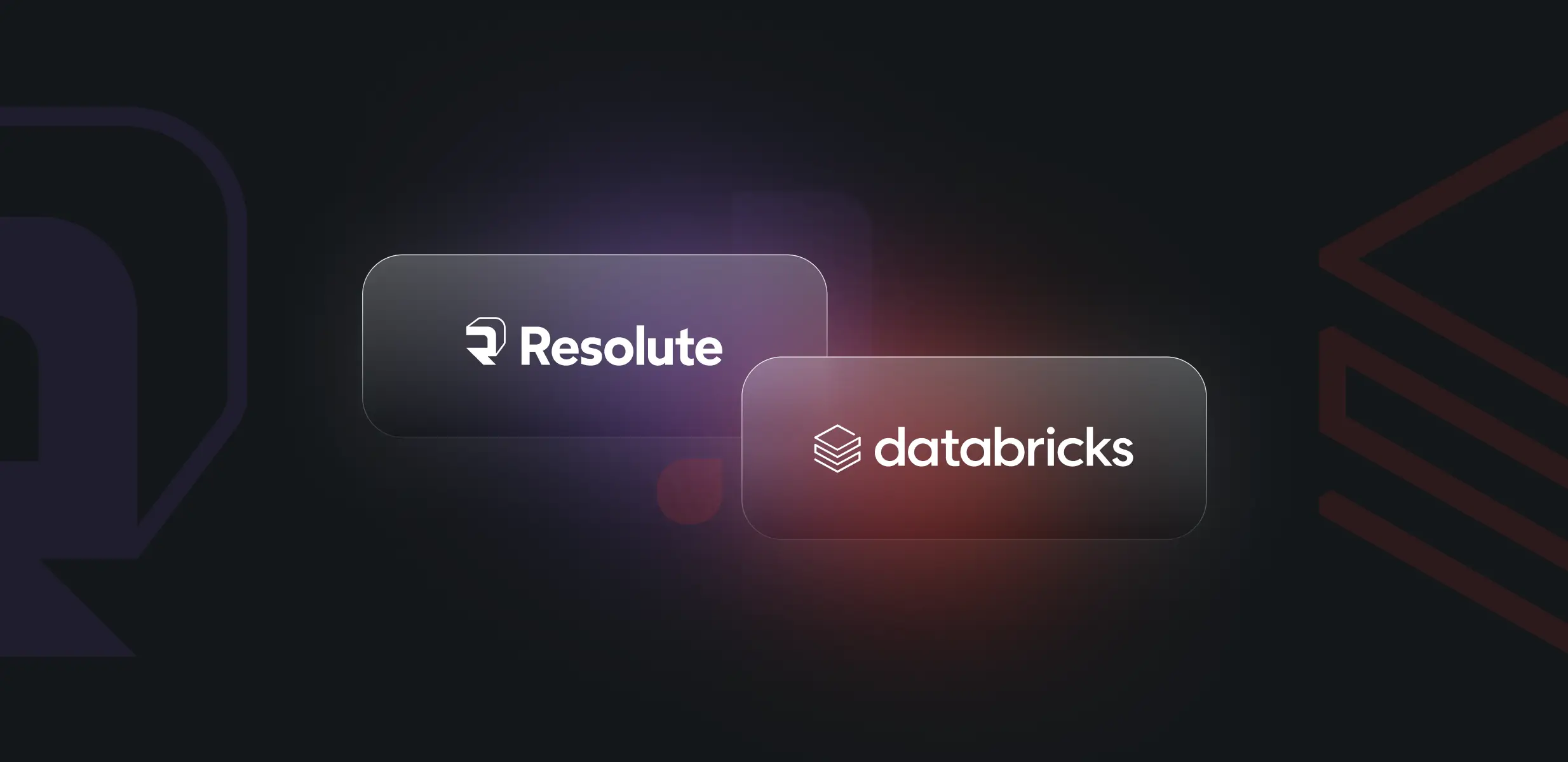 A sleek, dark-themed graphic shows two floating glass-like panels with logos: “Resolute” on the left and “Databricks” on the right. Soft purple and orange light flares glow between them, suggesting connection and collaboration. Subtle abstract shapes frame the background, creating a modern, tech-focused aesthetic that highlights a partnership between the two companies in data and AI solutions.