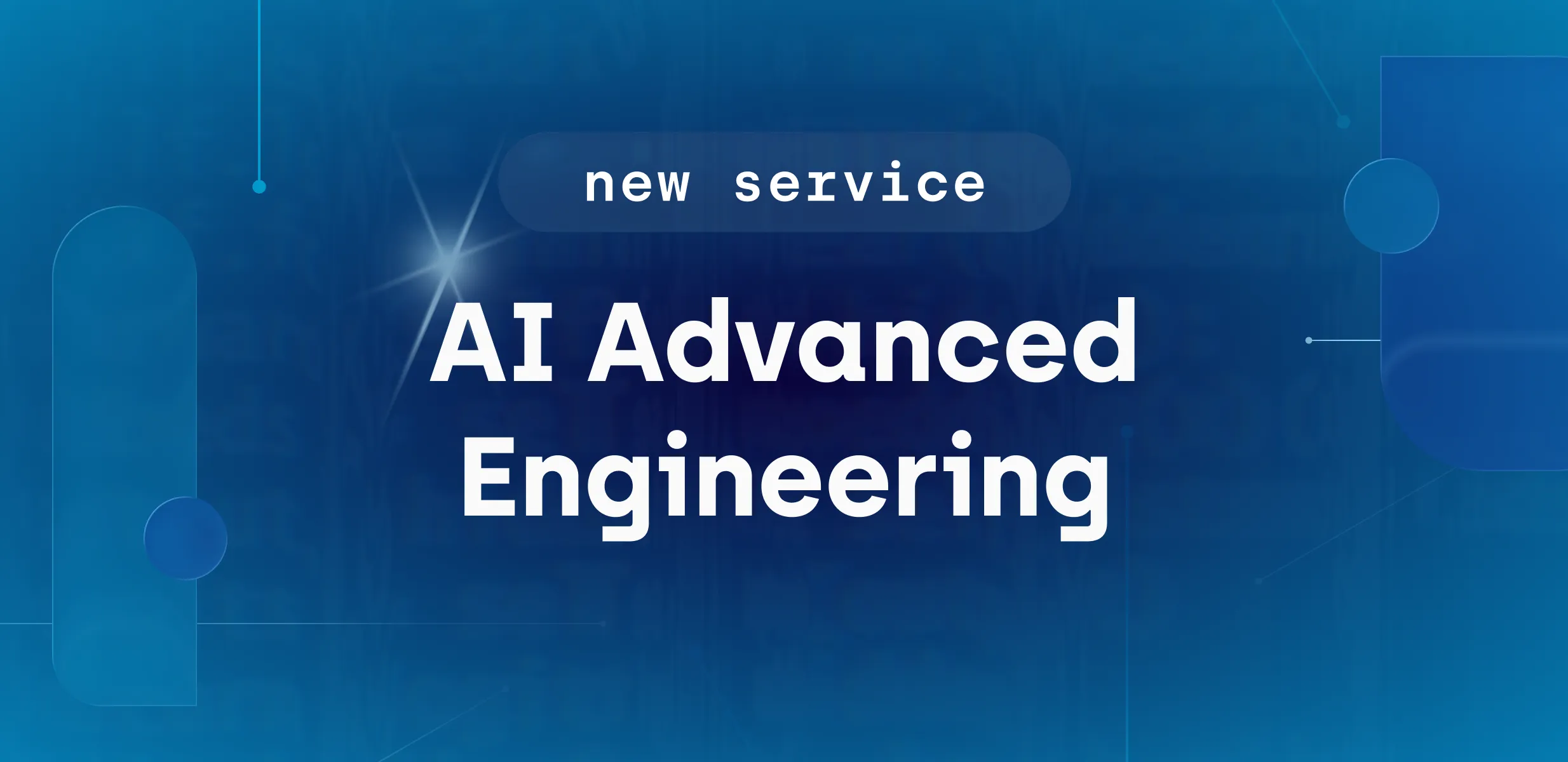 A blue-toned promotional graphic announces a “new service: AI Advanced Engineering.” The centered text appears in bold white, with “new service” in a rounded label above. Subtle abstract shapes, lines, and nodes in the background suggest technology and data networks. A small star-like highlight accentuates the headline, and the Resolute logo sits in the bottom right corner, reinforcing branding.